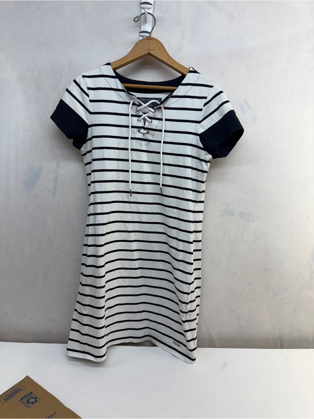 Tommy Hilfiger White and Navy Striped Lace-Up Midi Dress